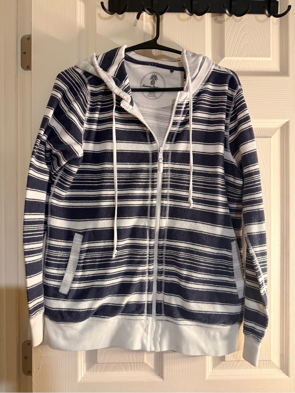 Tommy Bahama Womens Small Striped Full Zip Hoodie Navy Blue White Coastal Beach